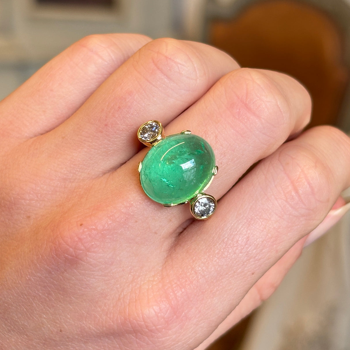 Vintage, 1980s 12ct cabochon emerald & diamond three-stone ring