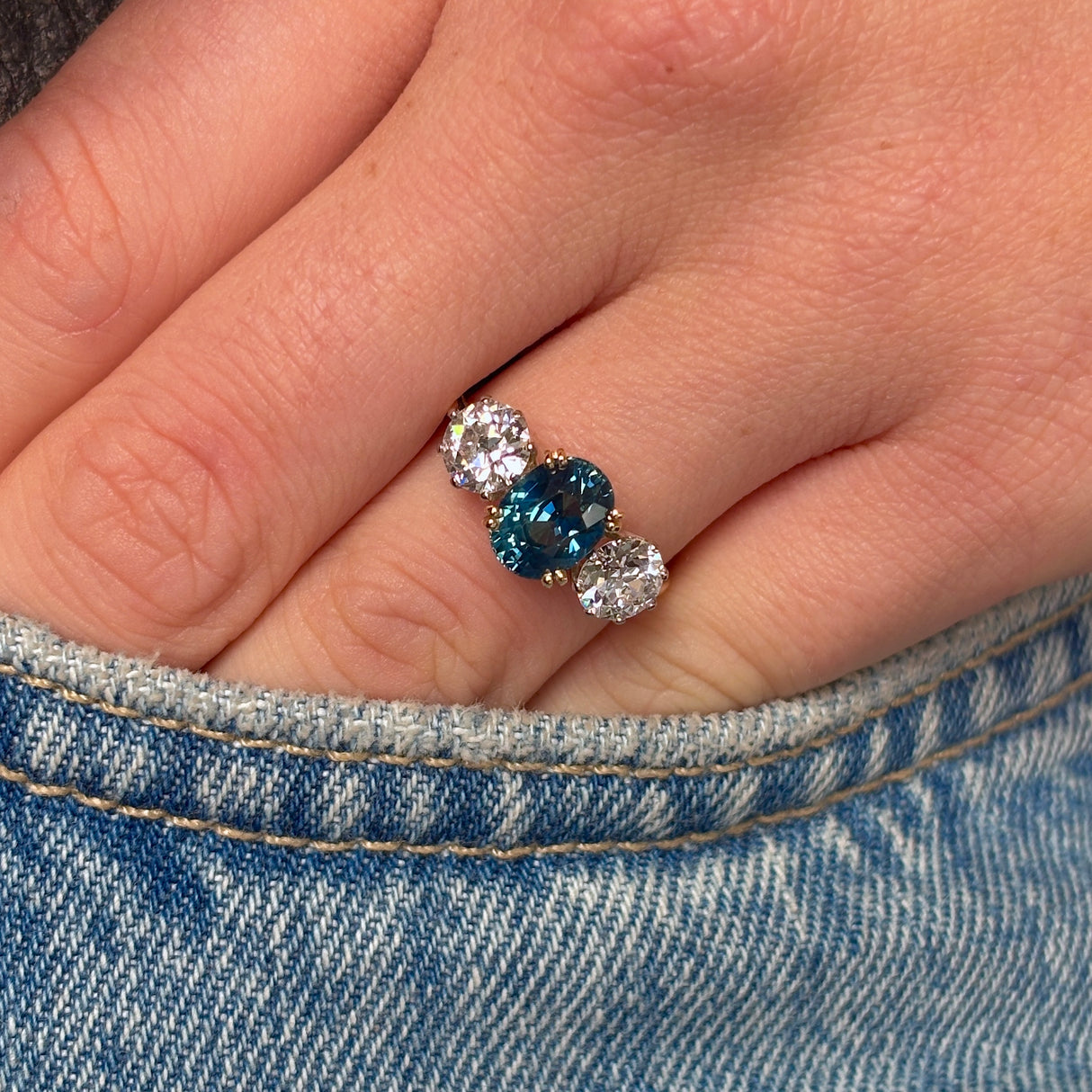 Vintage, 1980s teal sapphire & diamond three-stone ring