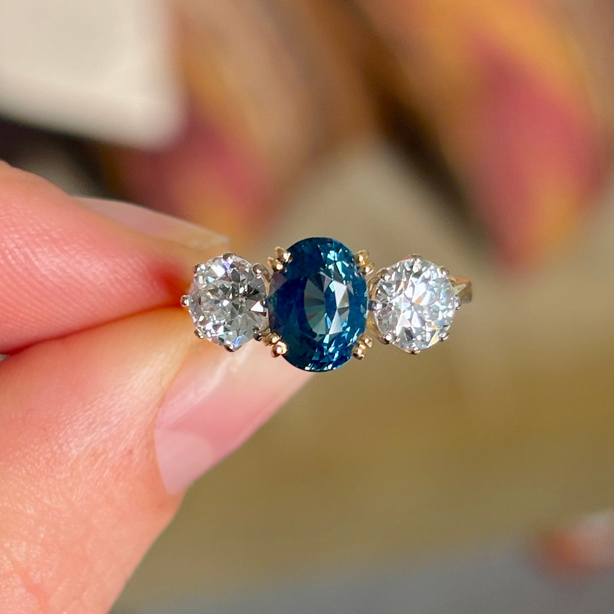 Vintage, 1980s teal sapphire & diamond three-stone ring