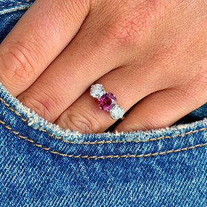 Vintage, 1930s ruby & diamond three-stone ring