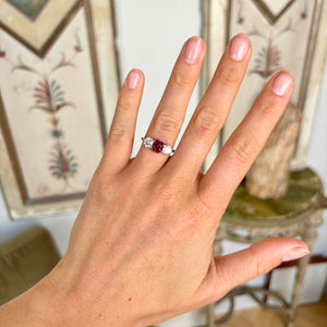 Vintage, 1930s ruby & diamond three-stone ring