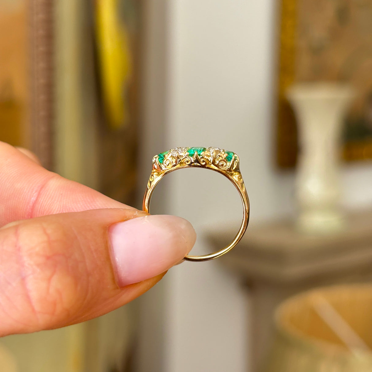  Antique, Edwardian emerald & diamond ring
