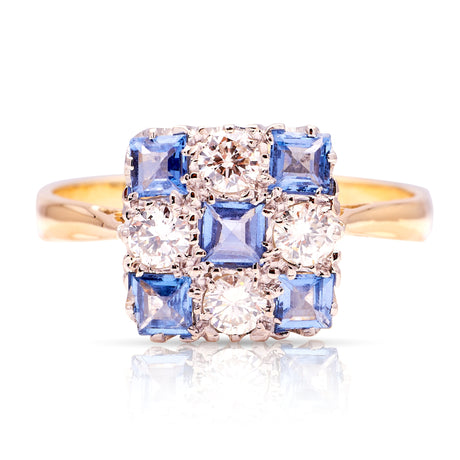 Vintage, 1920s sapphire & diamond checkerboard ring 