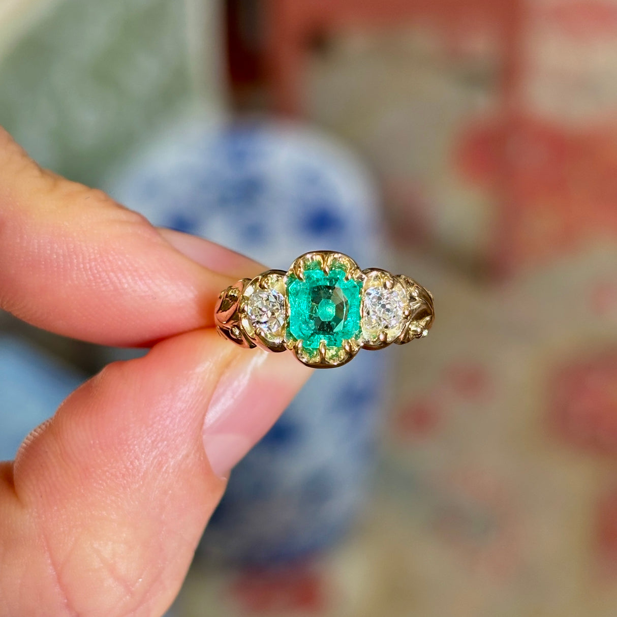 Antique, Victorian emerald & diamond three-stone ring