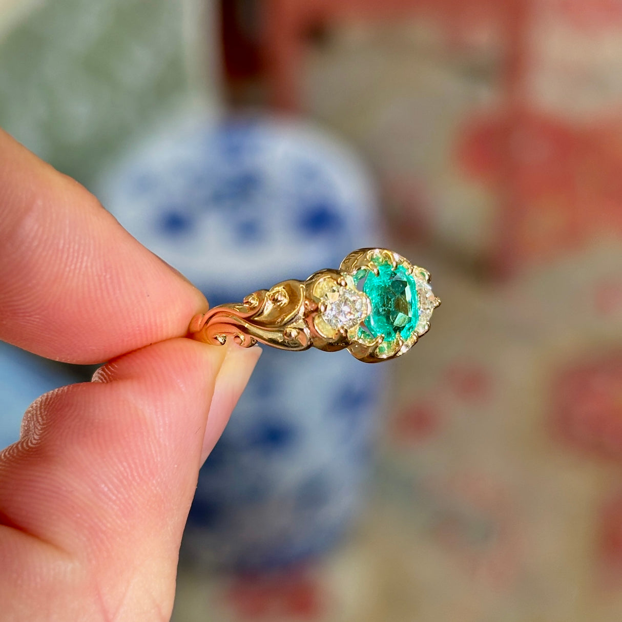 Antique, Victorian emerald & diamond three-stone ring