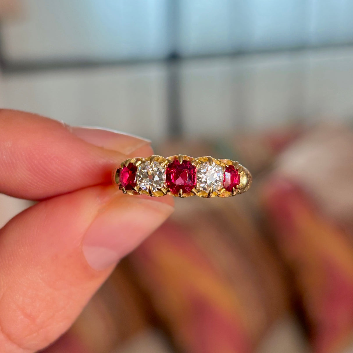 Antique, Victorian ruby & diamond five-stone ring