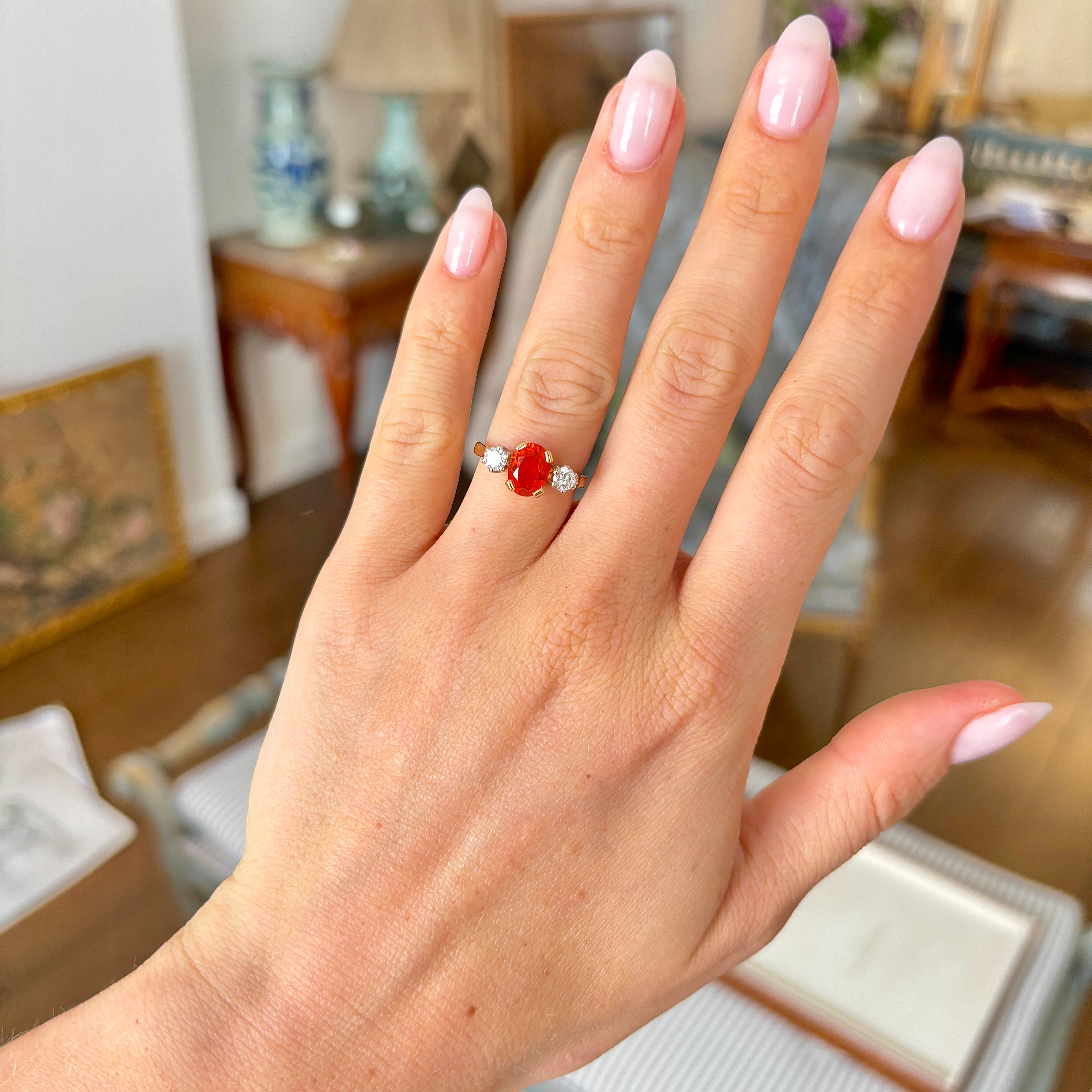 Vintage, 1990s fire opal & diamond three-stone ring
