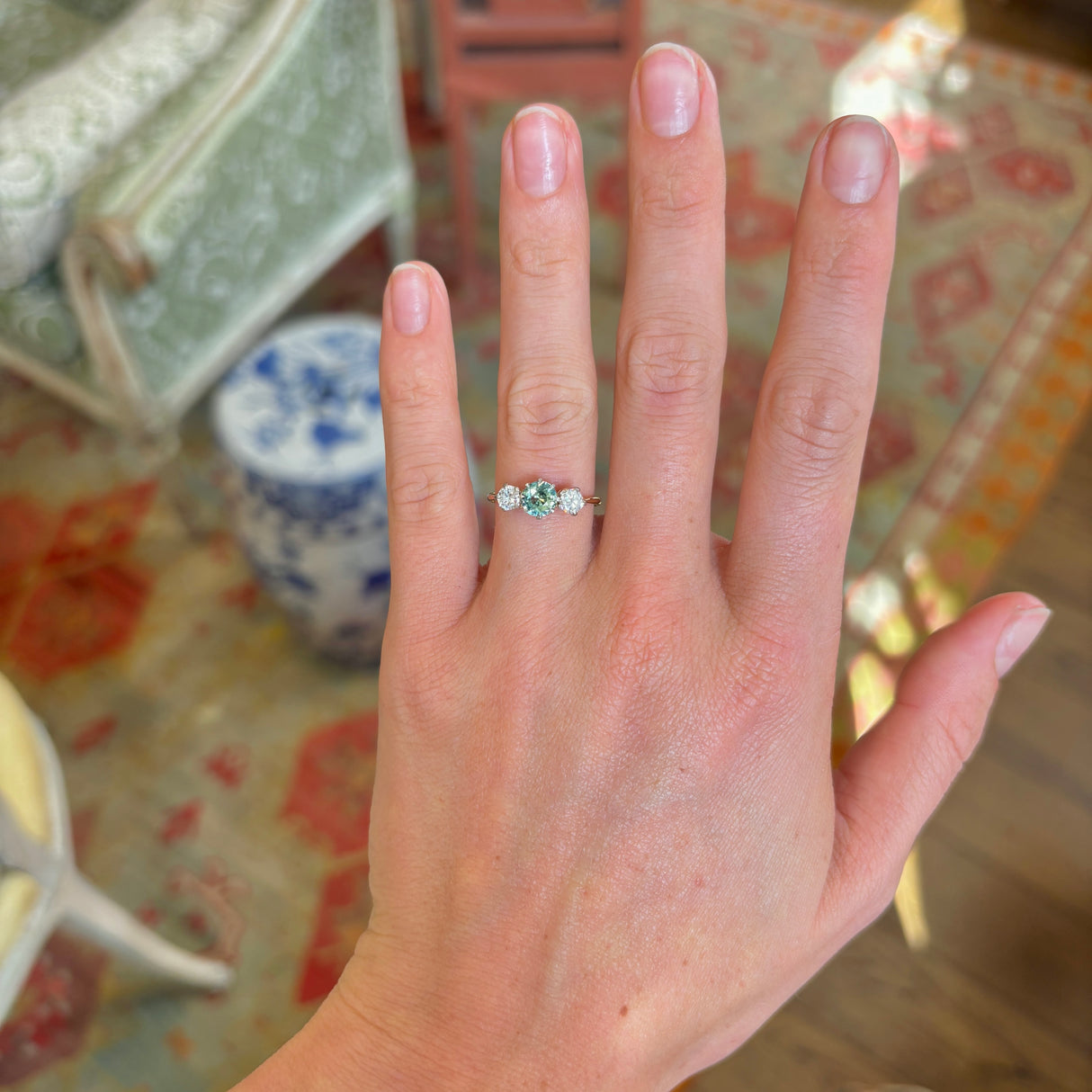 Vintage, 1950s Green-teal sapphire & diamond three-stone ring