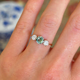 Vintage, 1950s Green-teal sapphire & diamond three-stone ring