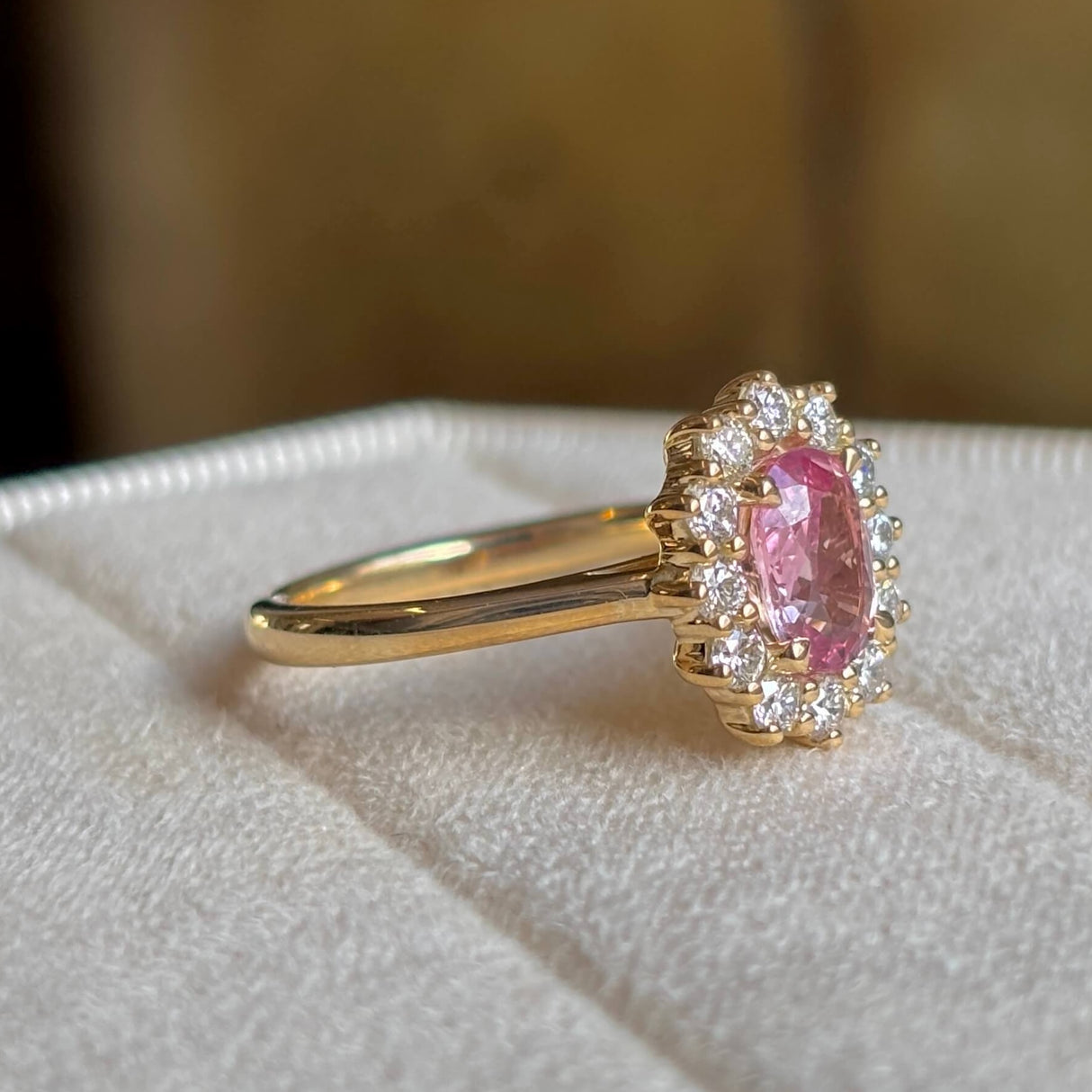 Pink Sapphire and Diamond Cluster Engagement Ring