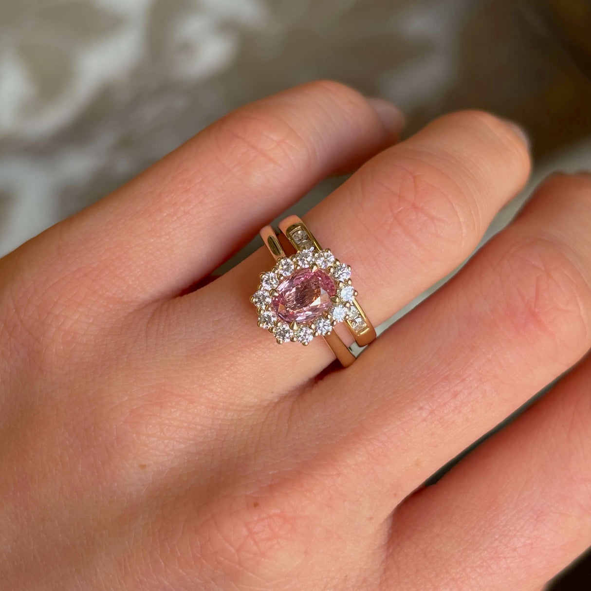 Pink Sapphire and Diamond Cluster Engagement Ring