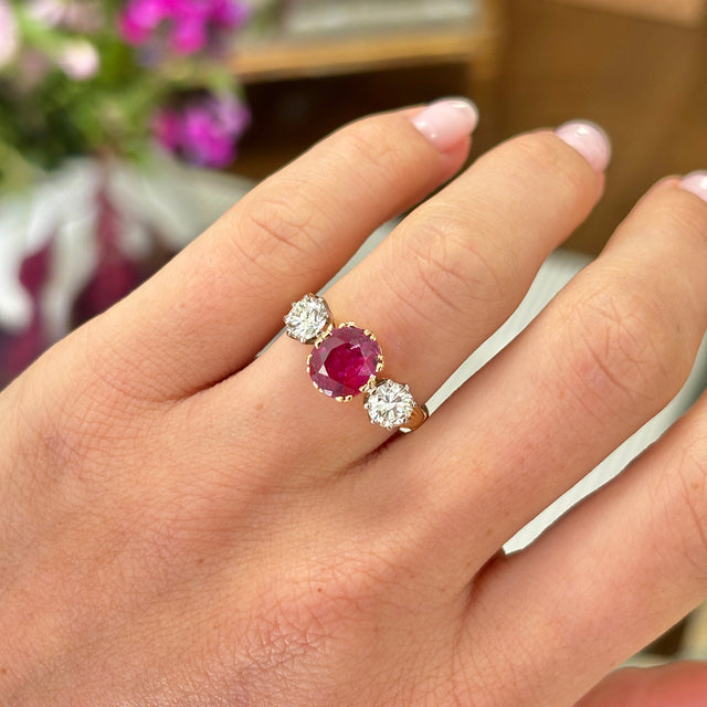 Vintage, 1950s ruby & diamond three-stone ring