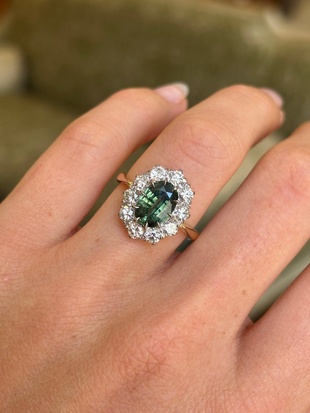 Vintage, 1940s green sapphire & diamond cluster ring