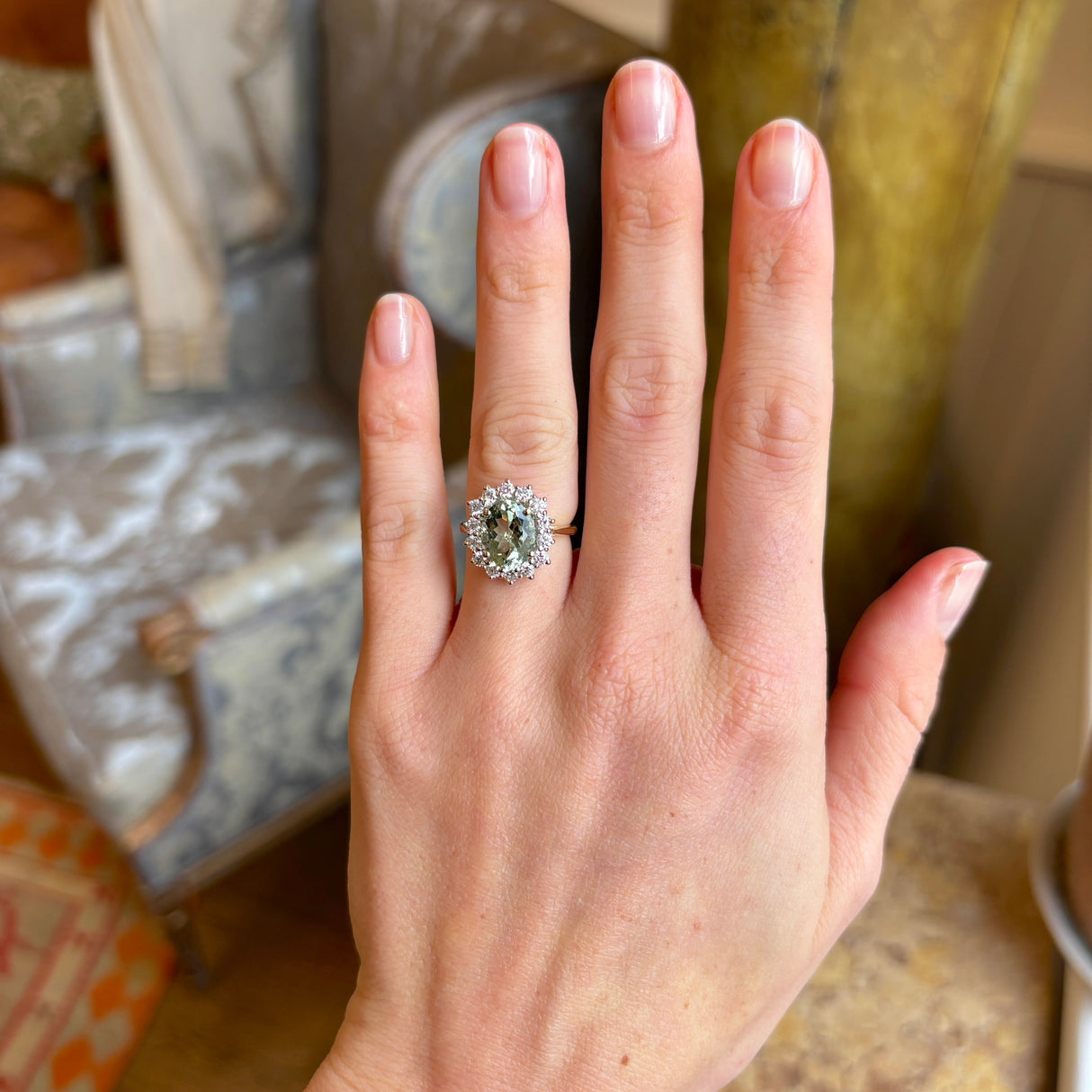 Vintage, 1970s green beryl & diamond cluster ring