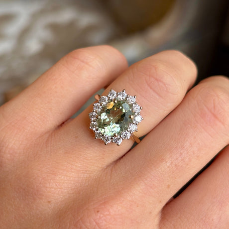 Vintage, 1970s green beryl & diamond cluster ring