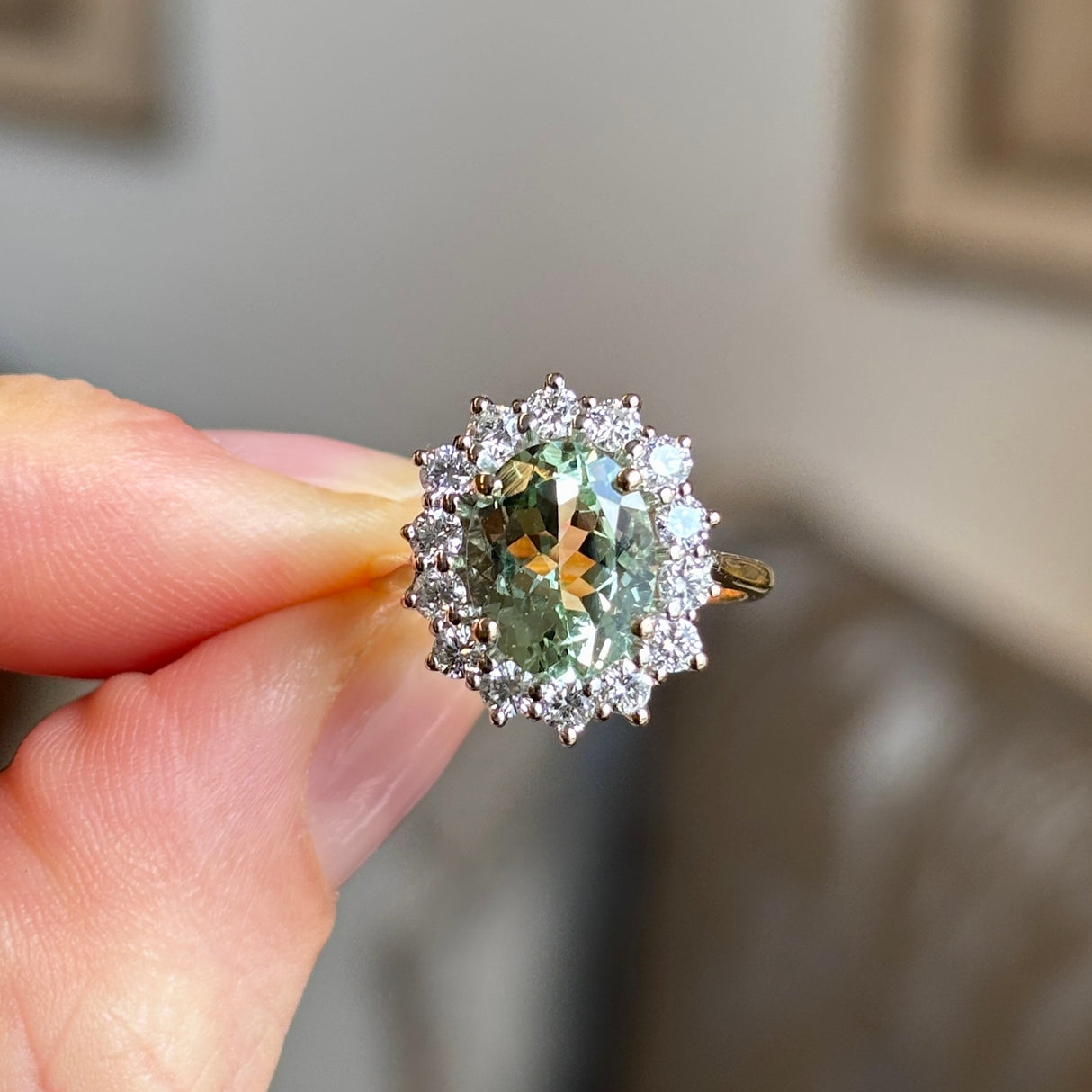 Vintage, 1970s green beryl & diamond cluster ring