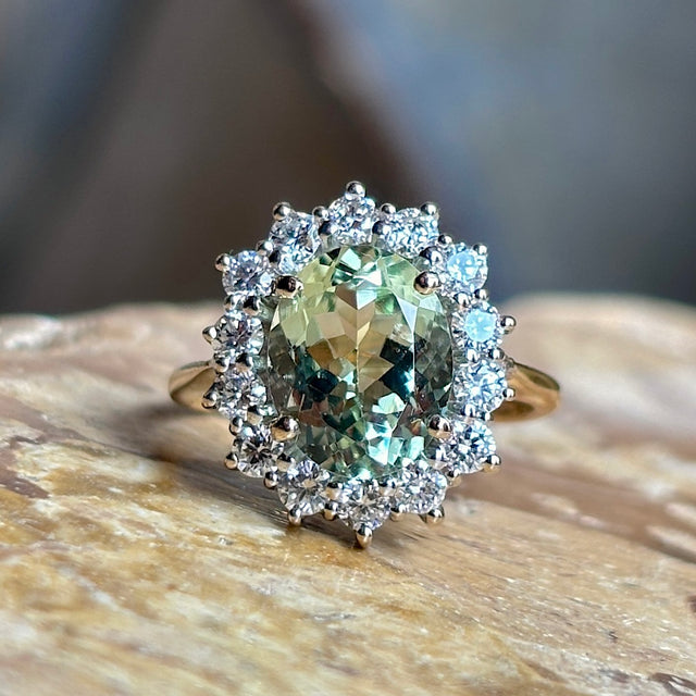 Vintage, 1970s green beryl & diamond cluster ring