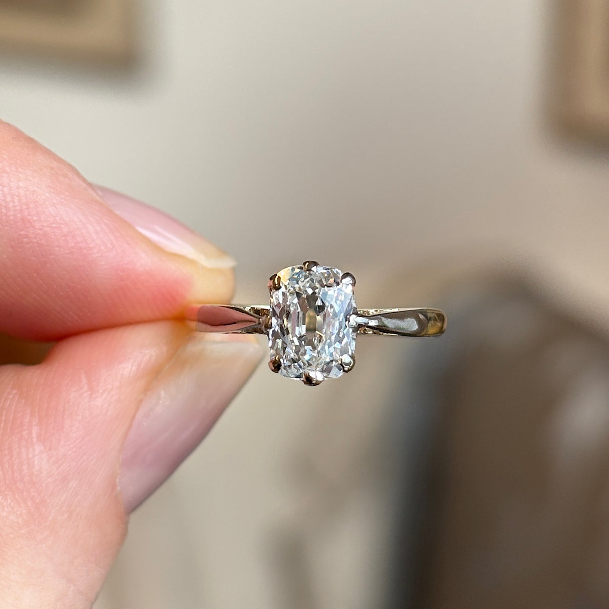 Antique, Edwardian old cushion-cut diamond solitaire ring