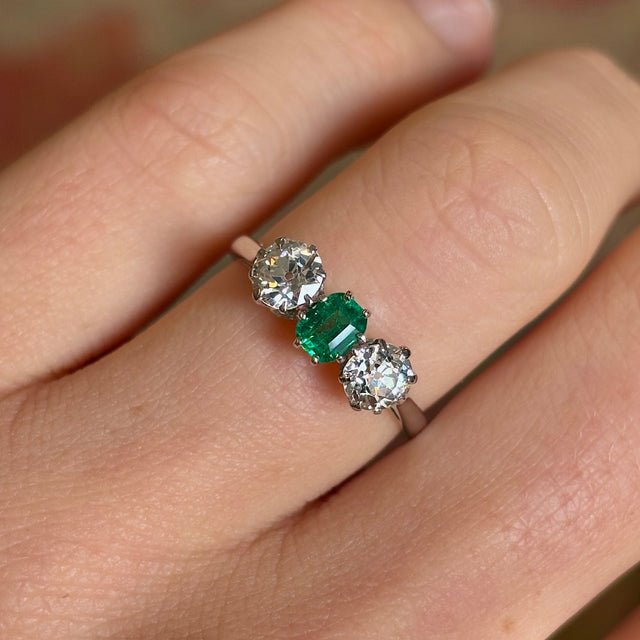 Vintage, Art Deco emerald & diamond three-stone ring