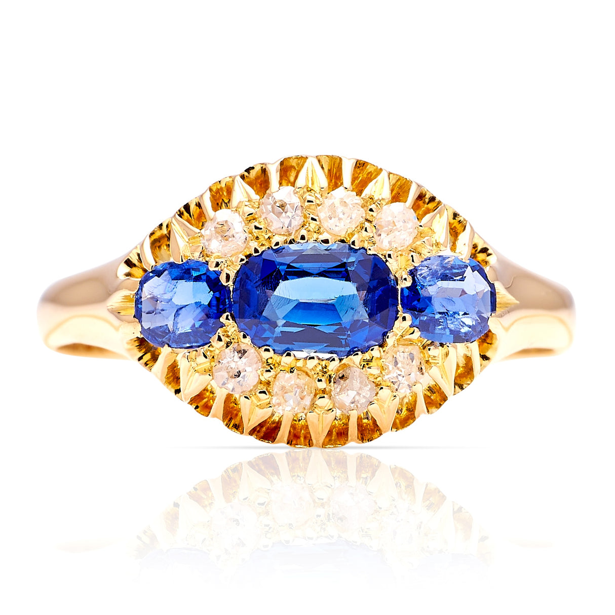 Antique, Edwardian three-stone sapphire cluster ring