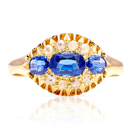 Antique, Edwardian three-stone sapphire cluster ring