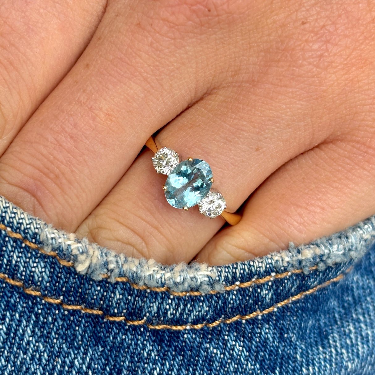 Vintage, 1980s aquamarine & diamond three-stone ring