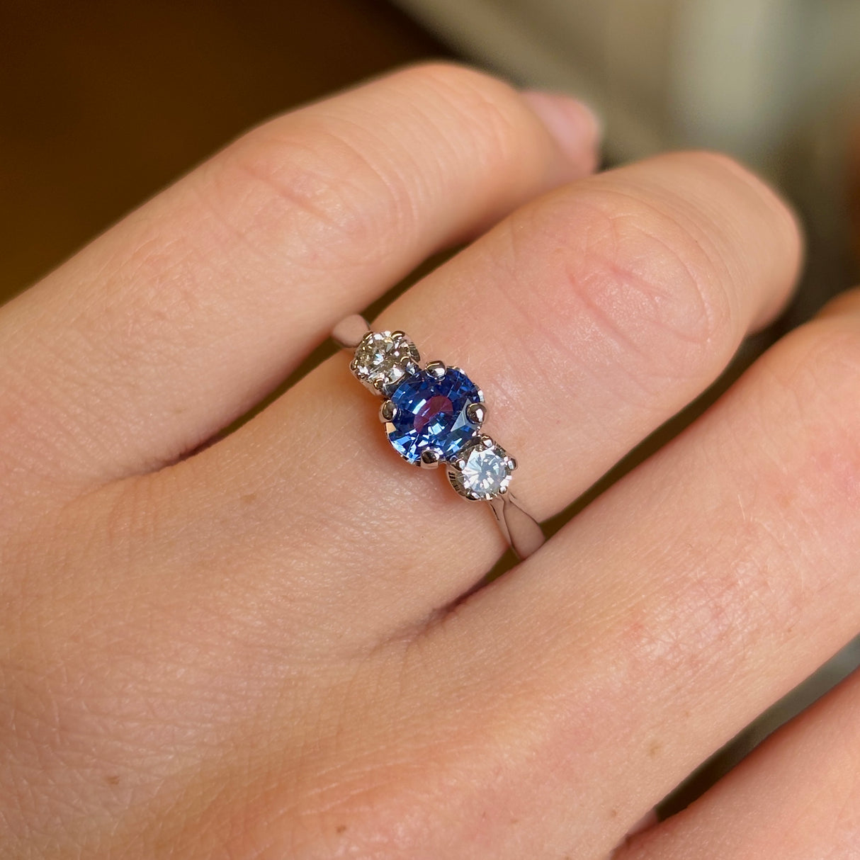 Vintage, 1920s teal sapphire & diamond three-stone ring