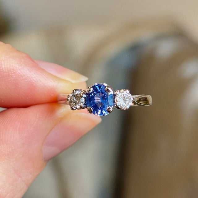 Vintage, 1920s teal sapphire & diamond three-stone ring