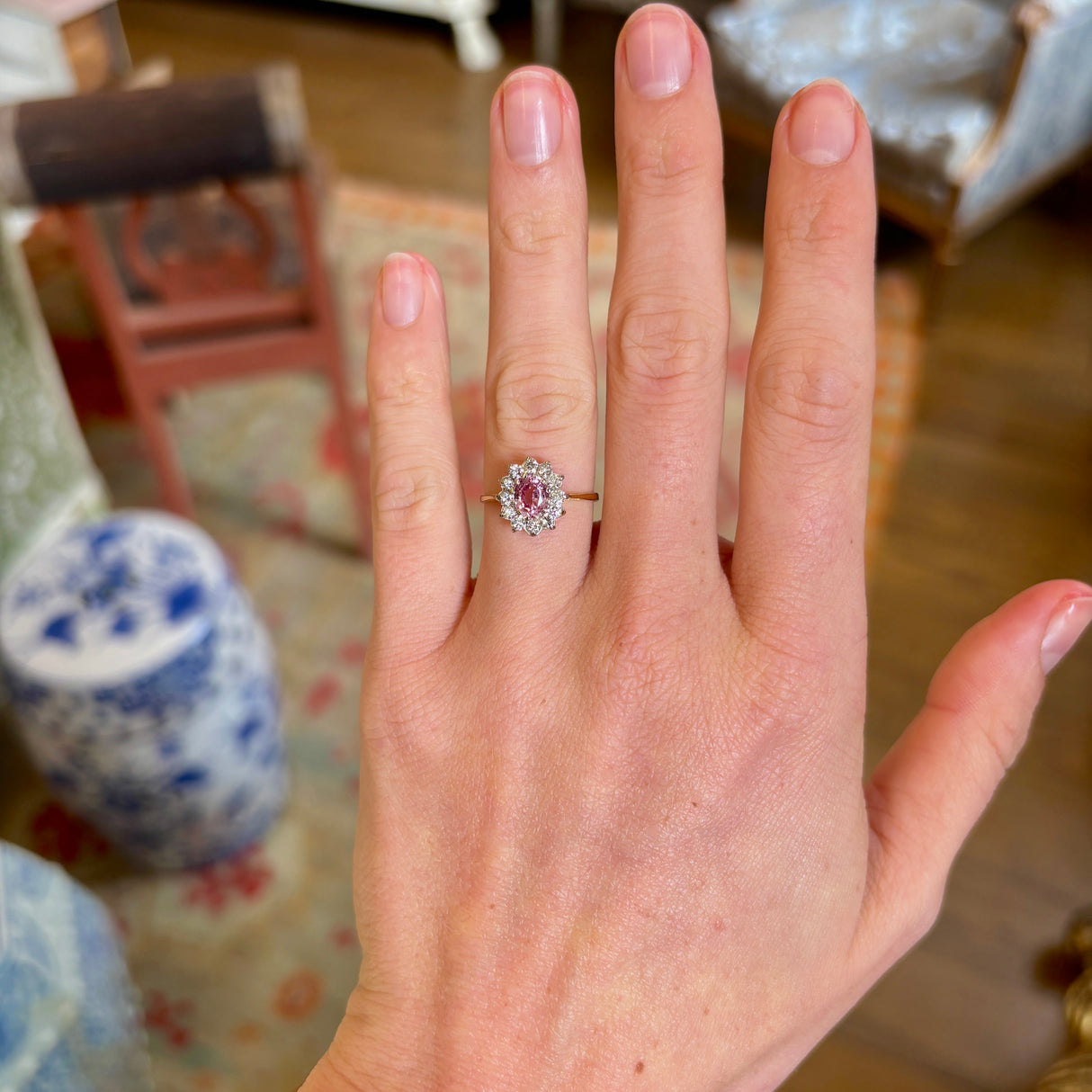 Vintage, 1970s pink sapphire & diamond cluster ring