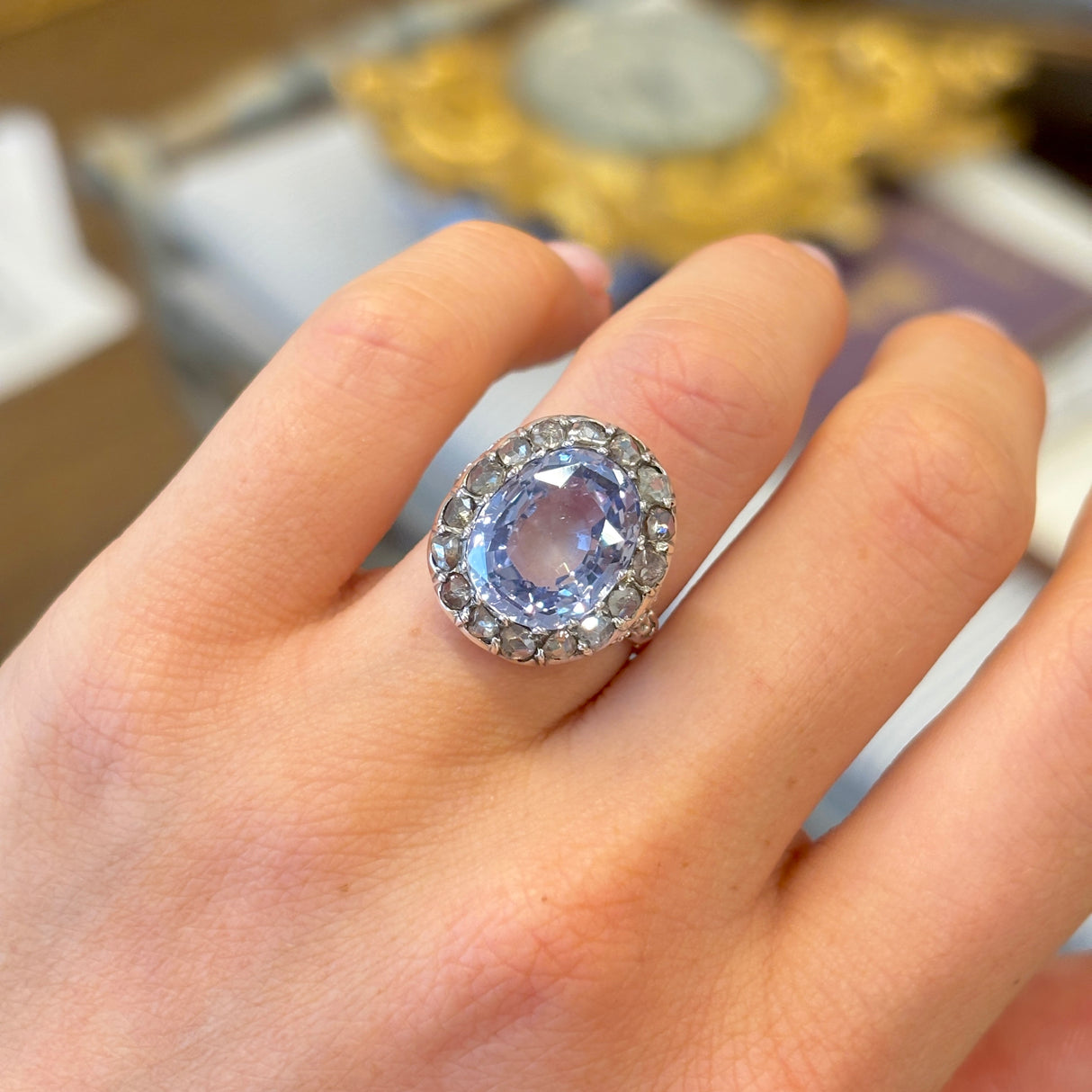 Antique, Early Victorian 9.65ct sapphire & diamond cluster ring