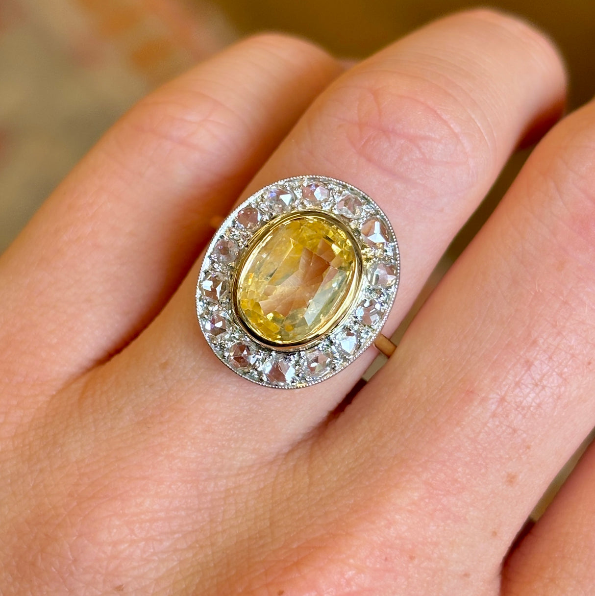Vintage, 1940s yellow sapphire & diamond cluster ring