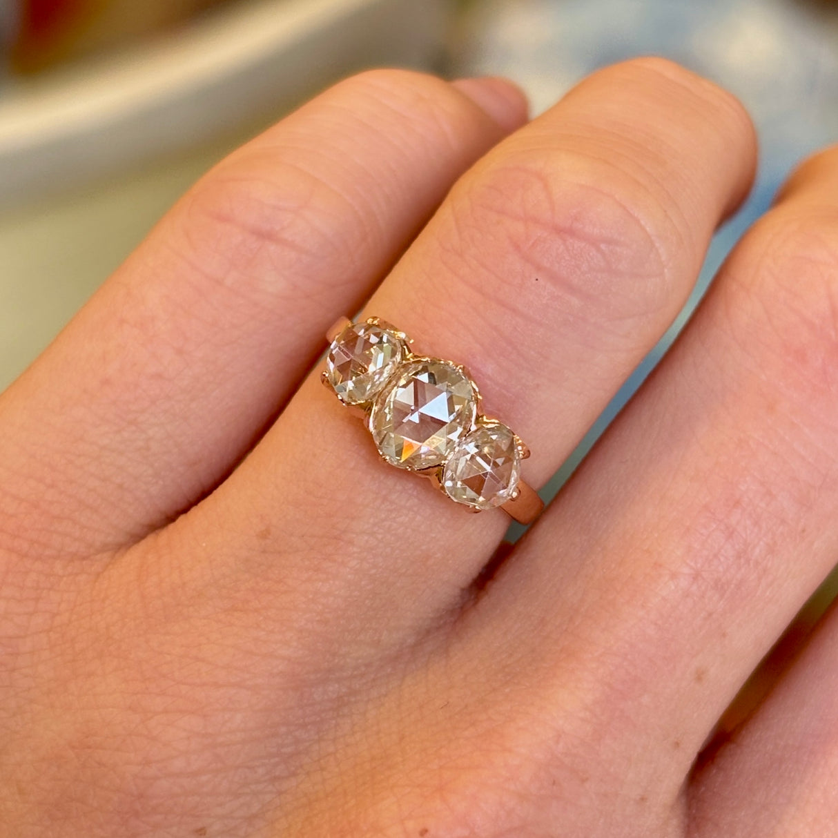 Antique, 1900s rose-cut diamond three-stone ring