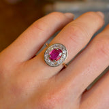 Antique, French, oval-cut ruby & diamond cluster ring