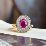 Antique, French, oval-cut ruby & diamond cluster ring