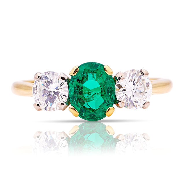 Vintage, 1970s emerald & diamond three-stone engagement ring