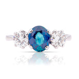 Vintage, 1950s teal sapphire & diamond three-stone ring