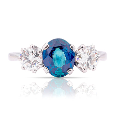 Vintage, 1950s teal sapphire & diamond three-stone ring