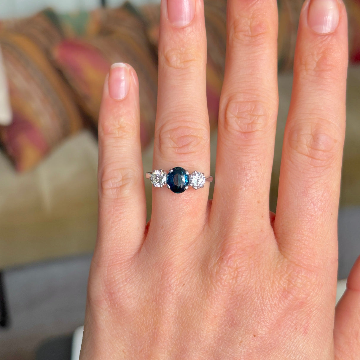 Vintage, 1950s teal sapphire & diamond three-stone ring