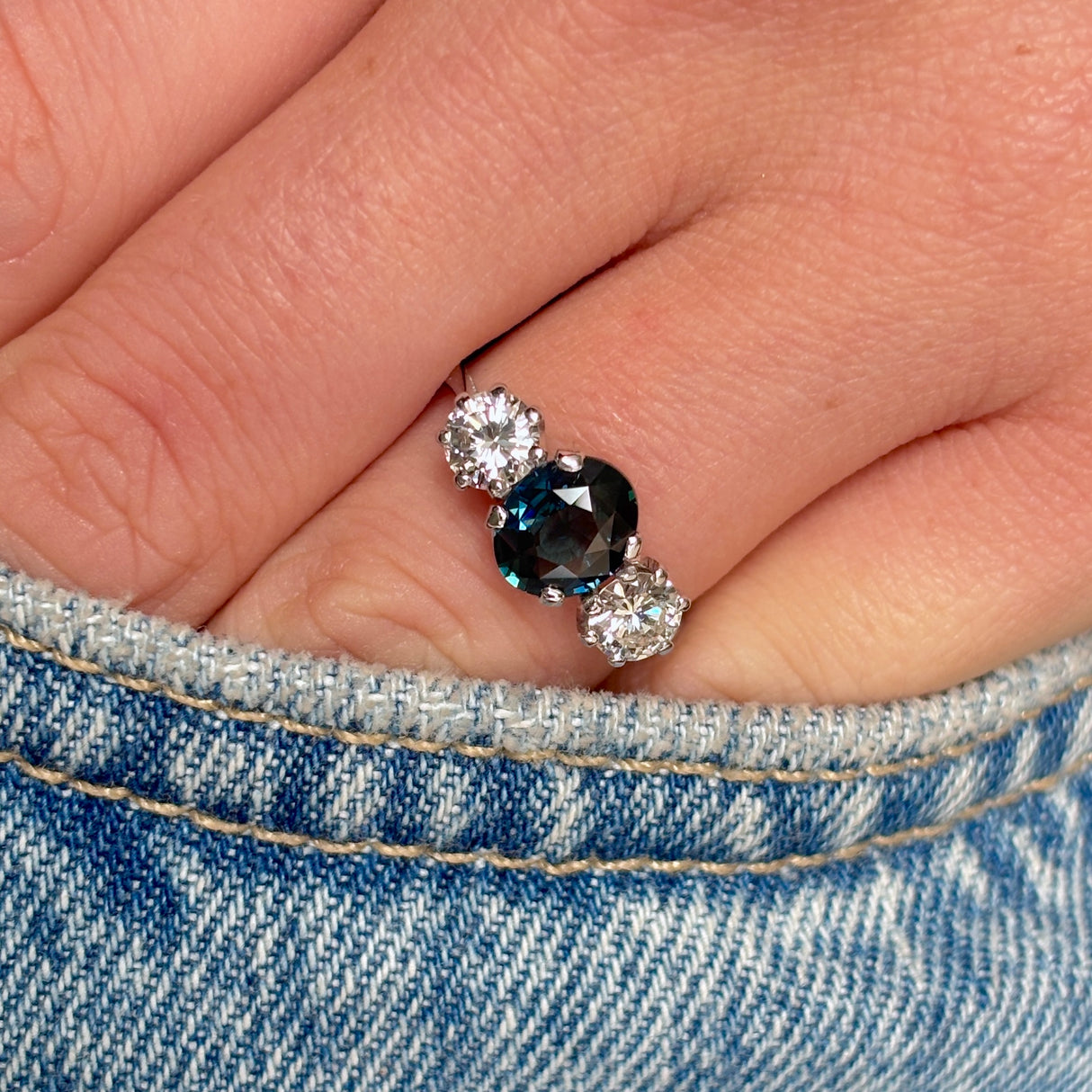 Vintage, 1950s teal sapphire & diamond three-stone ring