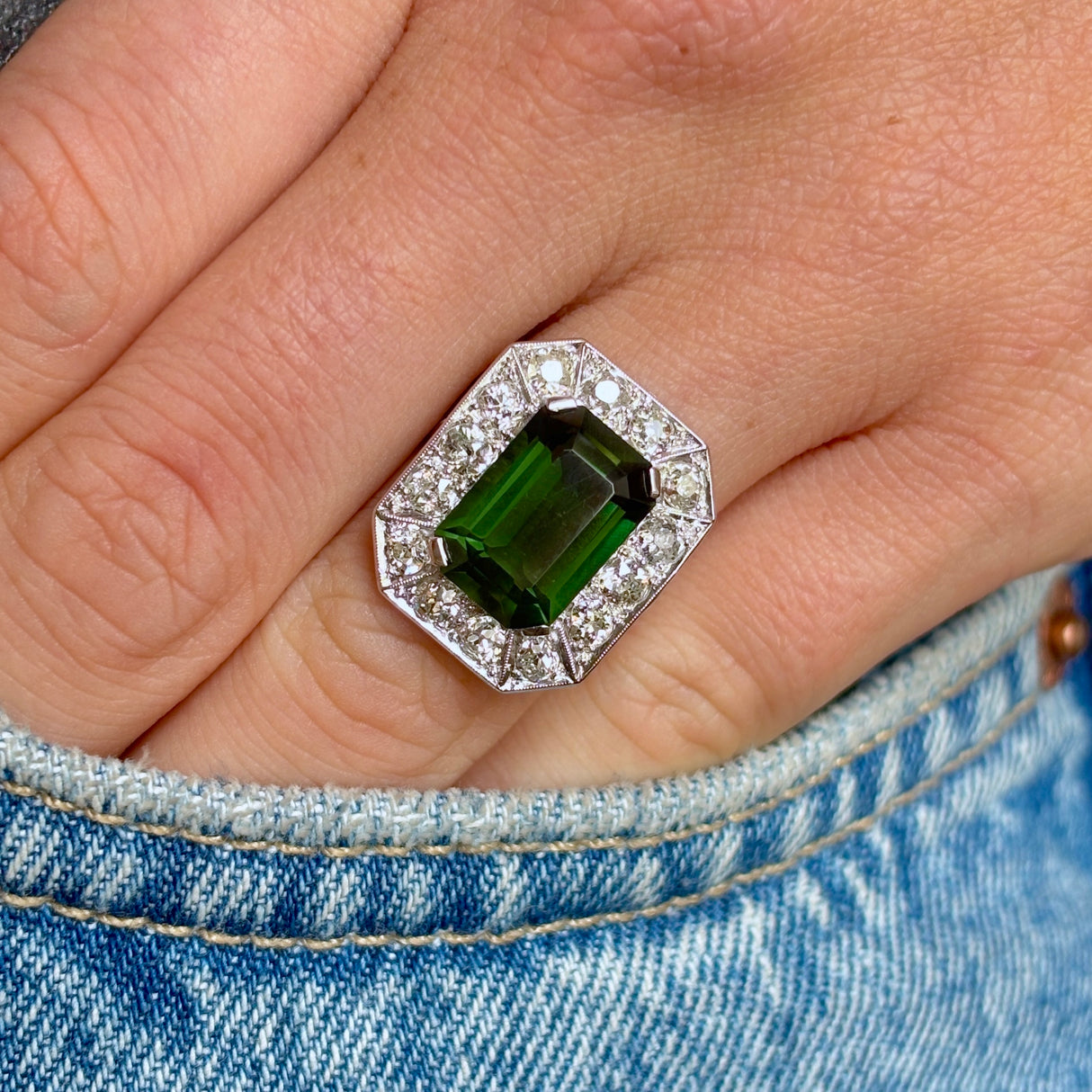 Vintage, Art Deco 5ct chrome green tourmaline & diamond cocktail ring