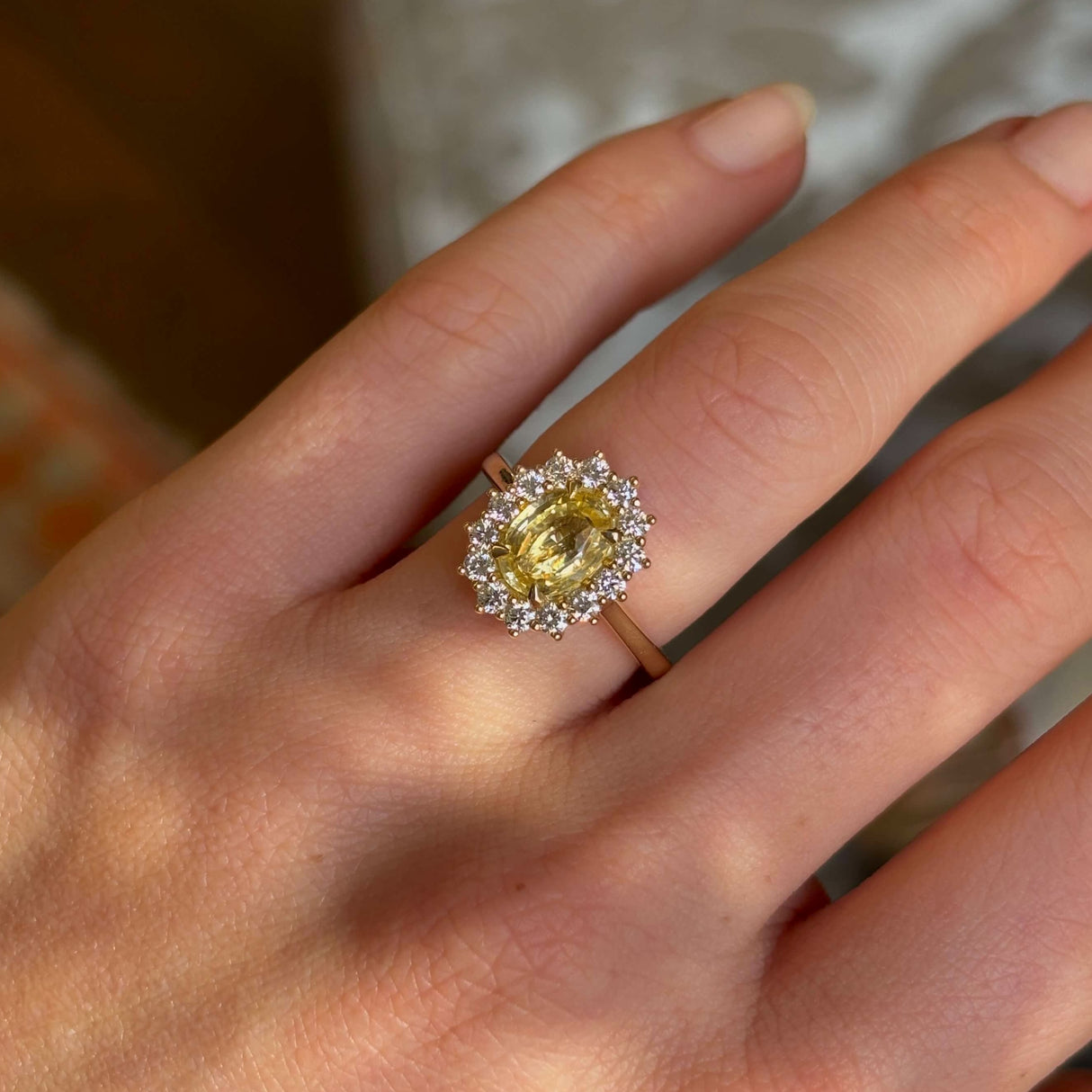 Yellow Sapphire and Diamond Cluster Engagement Ring