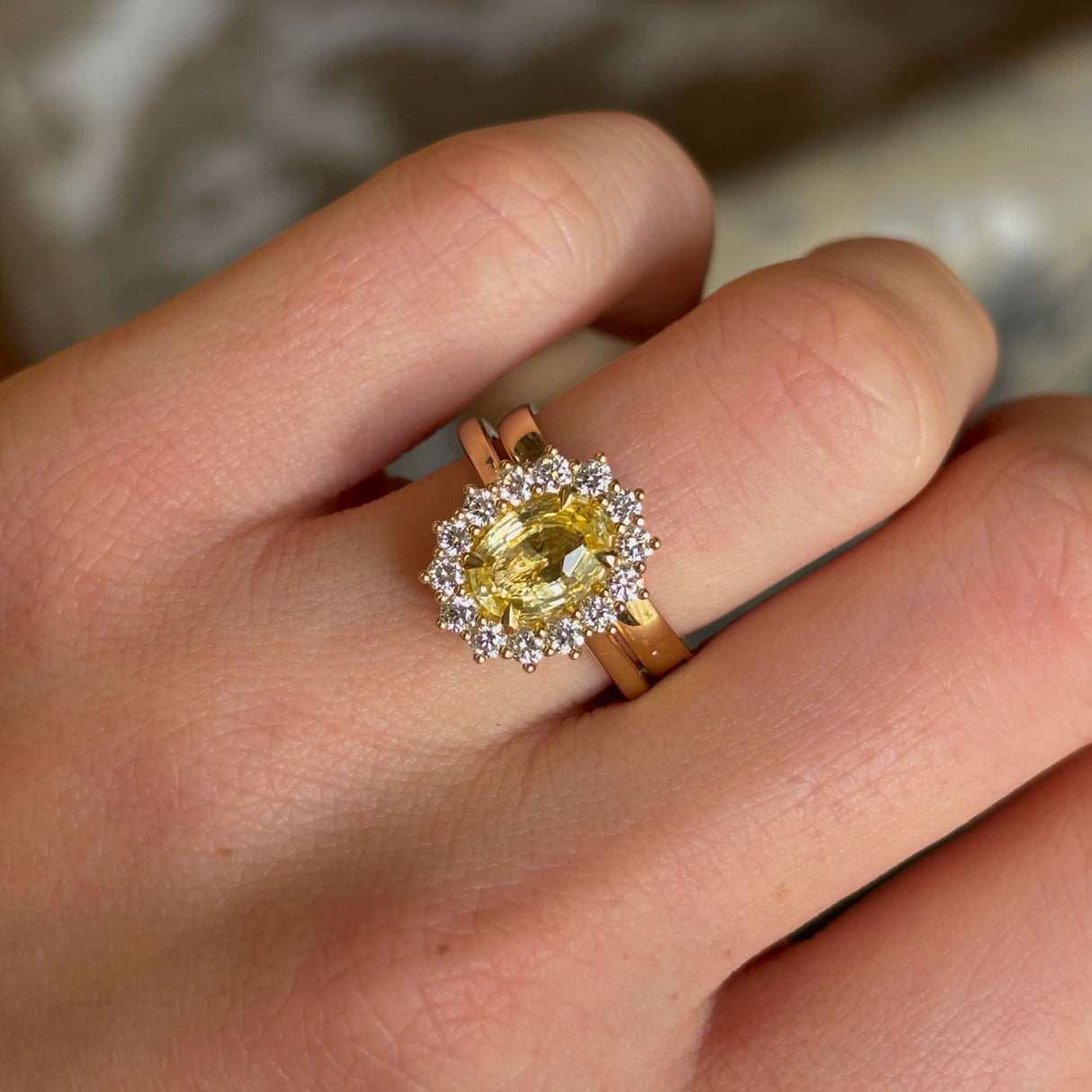 Yellow Sapphire and Diamond Cluster Engagement Ring