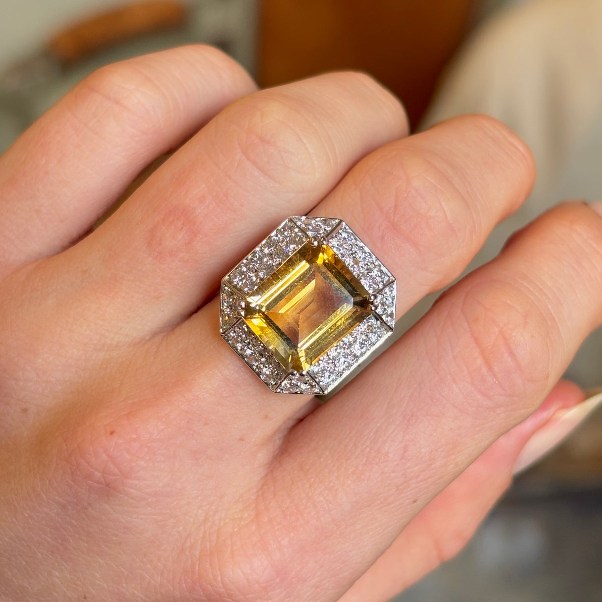 Vintage, 1980s French citrine & diamond cluster cocktail ring