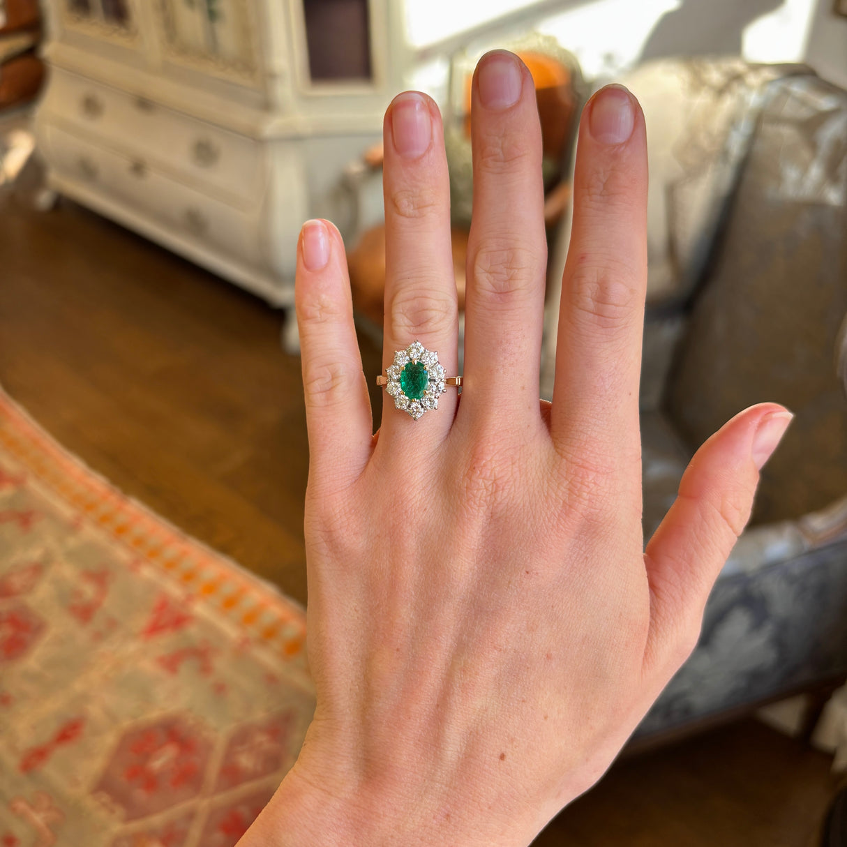 Vintage, 1990s emerald & diamond cluster ring