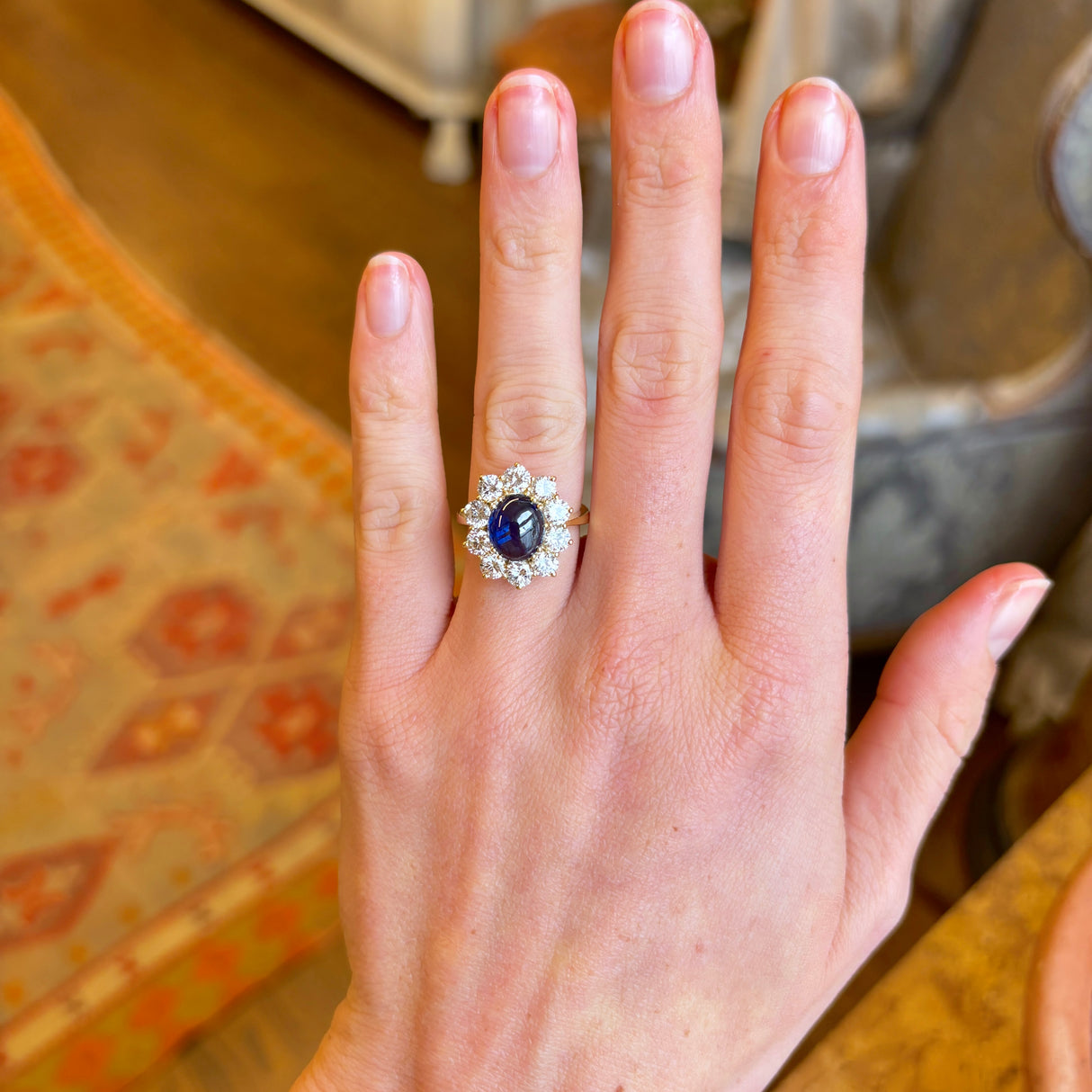 Vintage, 1980s cabochon sapphire & diamond cluster ring