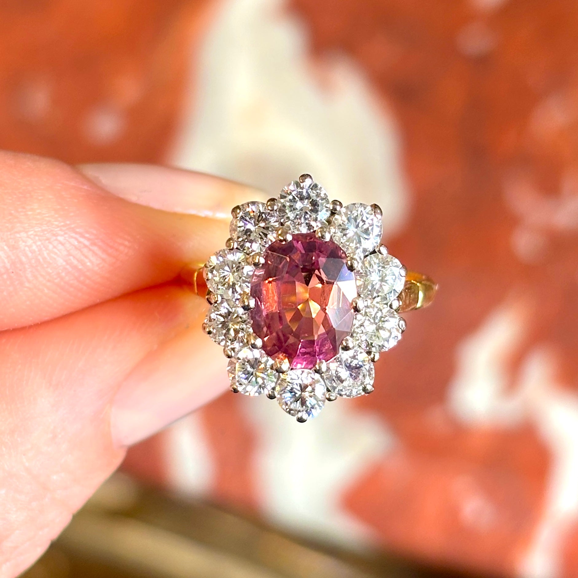 Vintage, 1960s pink tourmaline & diamond cluster ring