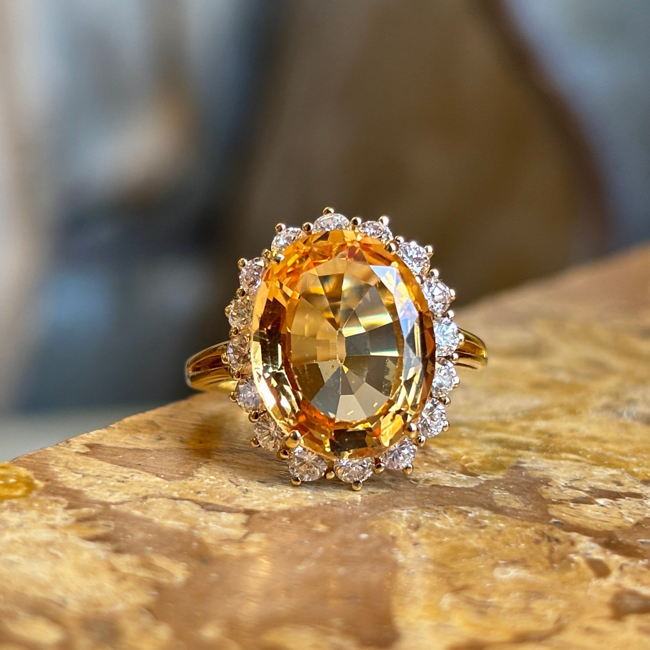 Old orange cushion-cut topaz & diamond three-stone ring – Antique