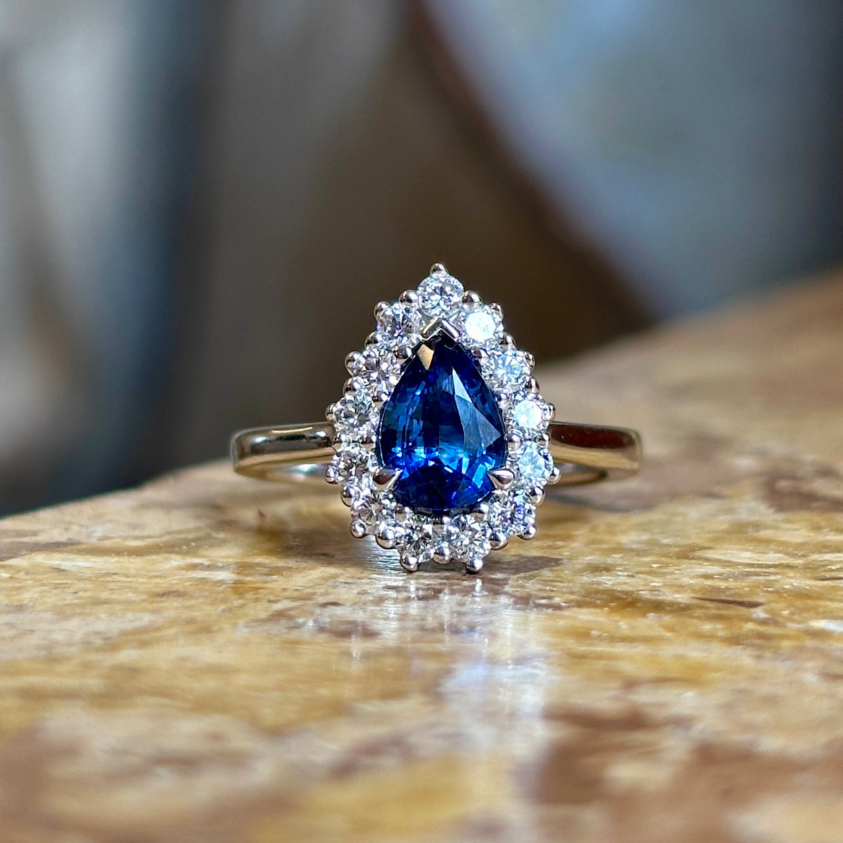 Pear-cut sapphire & diamond cluster ring