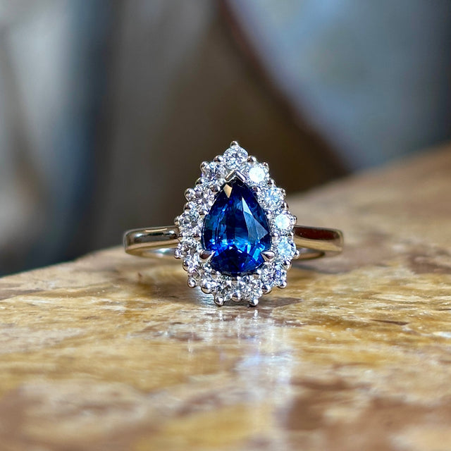 Pear-cut sapphire & diamond cluster ring