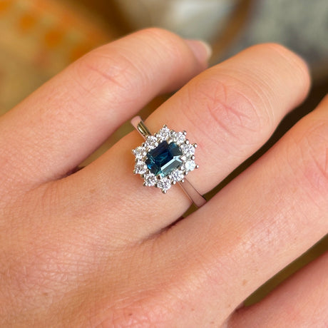 Octagon shape teal sapphire & diamond cluster ring